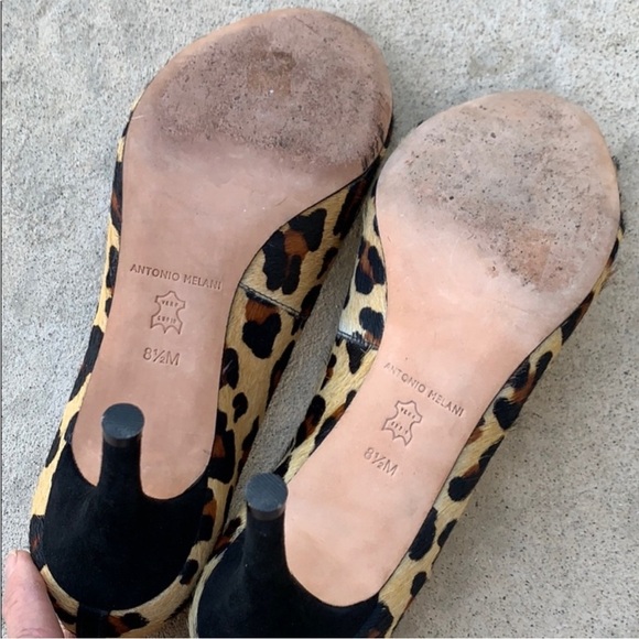 ANTONIO MELANI Pony Hair Leopard Print Peep Toe High Heels Women's Size 8.5 - Picture 7 of 8